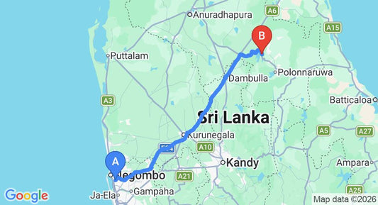Driving route map: Colombo Airport (CMB) to Minneriya (176 km, approx 3 h 42 min private transfer)