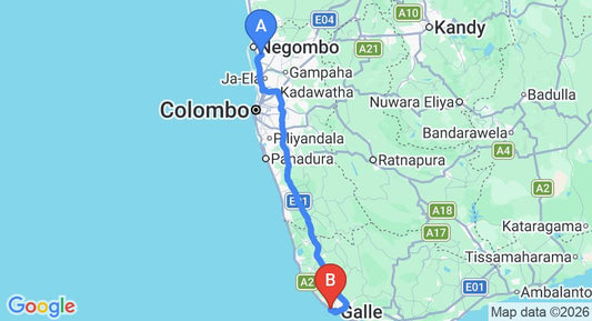 Driving route map: Colombo Airport (CMB) to Lahiru Villa, Galle (155 km, approx 2 h 17 min private transfer)