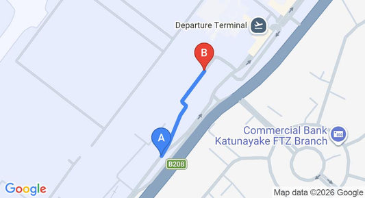 Driving route map: Colombo Airport (CMB) to Motel Katunayake, Katunayake (0 km, approx 0 min private transfer)