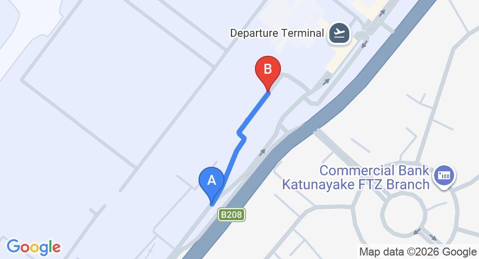 Driving route map: Colombo Airport (CMB) to Katunayake Free Trade Zone (0 km, approx 0 min private transfer)