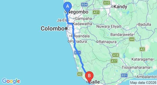 Driving route map: Colombo Airport (CMB) to Unawatuna Beach Bungalow Hotel, Unawatuna (153 km, approx 2 h 8 min private transfer)