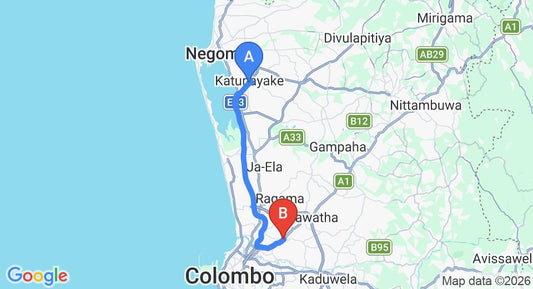 Driving route map: Colombo Airport (CMB) to Kiribathgoda (30 km, approx 36 min private transfer)