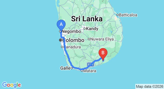 Driving route map: Colombo Airport (CMB) to The Saraii Village, Hambantota (276 km, approx 3 h 37 min private transfer)