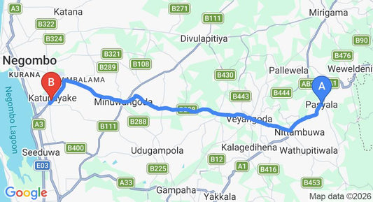 Driving route map: Pasyala to Colombo Airport (CMB) (31 km, approx 1 h 1 min private transfer)