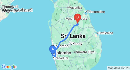 Driving route map: Ratmalana (RML) Airport to Kaudulla (224 km, approx 4 h 42 min private transfer)