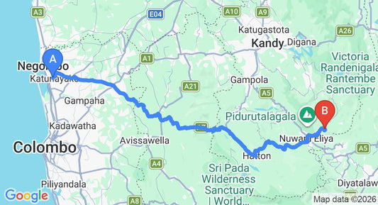 Driving route map: Colombo Airport (CMB) to Heritance Tea Factory, Nuwara Eliya (166 km, approx 5 h 15 min private transfer)