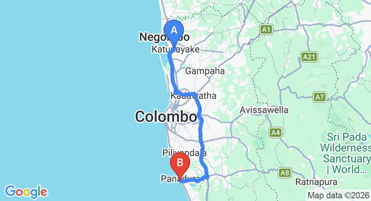 Driving route map: Colombo Airport (CMB) to Jie Jie Beach by Jetwing, Panadura (76 km, approx 1 h 23 min private transfer)