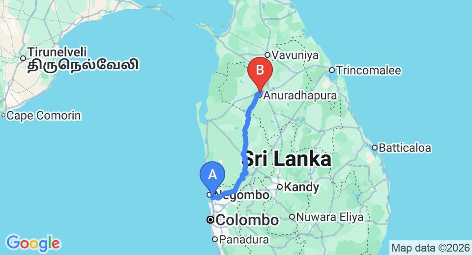 Driving route map: Colombo Airport (CMB) to Cottage Tourist Rest, Anuradhapura (176 km, approx 3 h 48 min private transfer)