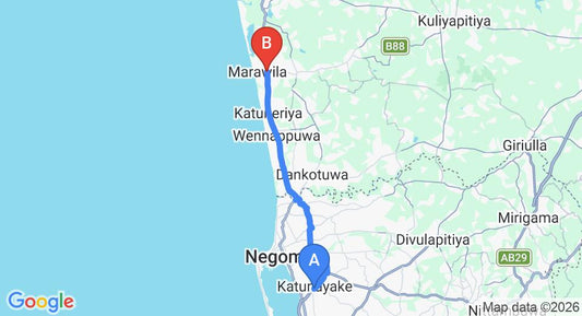 Driving route map: Colombo Airport (CMB) to Platinum Marawila, Marawila (33 km, approx 59 min private transfer)