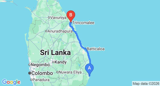 Driving route map: Arugam Bay to Trincomalee (248 km, approx 5 h 28 min private transfer)