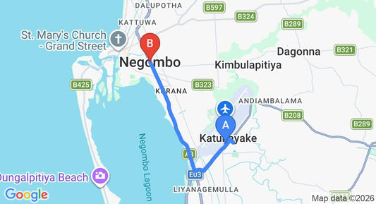 Driving route map: Colombo Airport (CMB) to Jetwing Blue, Negombo (9 km, approx 20 min private transfer)
