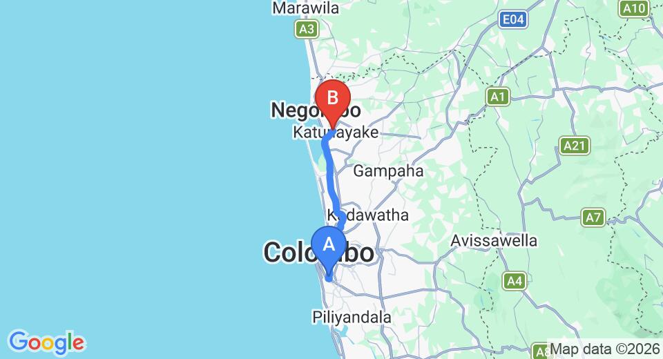 Driving route map: Kirulapana to Colombo Airport (CMB) (36 km, approx 49 min private transfer)