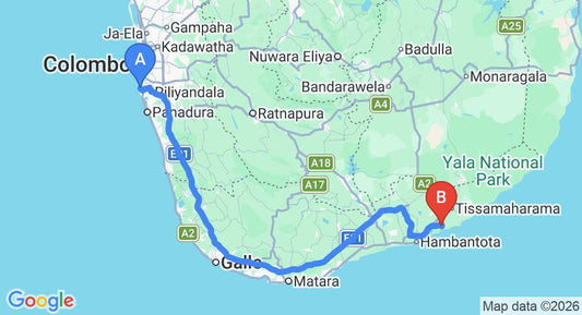 Driving route map: Ratmalana (RML) Airport to Bundala (241 km, approx 3 h 25 min private transfer)