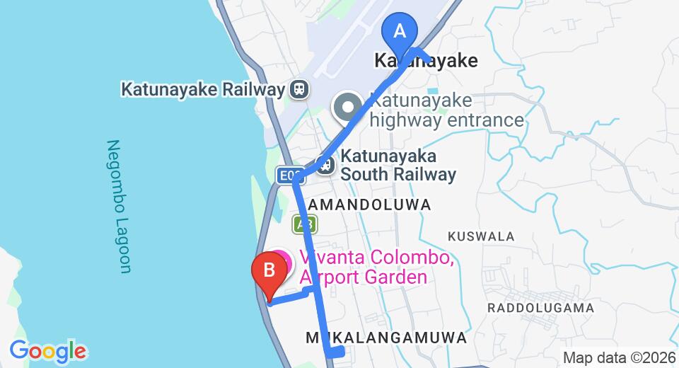 Driving route map: Colombo Airport (CMB) to Amora Lagoon, Negombo (8 km, approx 18 min private transfer)