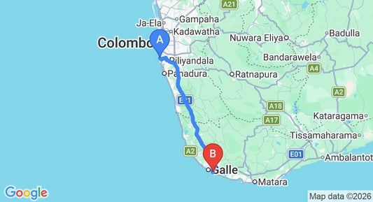 Driving route map: Ratmalana (RML) Airport to Unawatuna (112 km, approx 1 h 47 min private transfer)