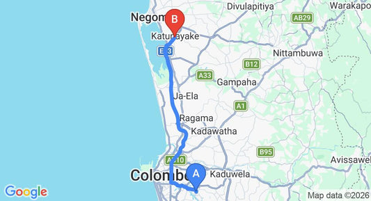 Driving route map: Battaramulla to Colombo Airport (CMB) (37 km, approx 49 min private transfer)