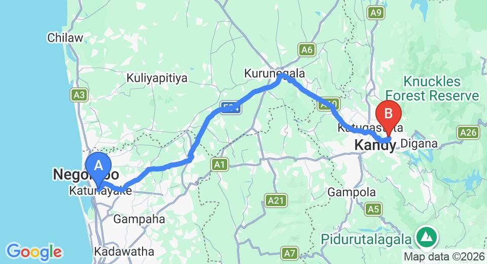 Driving route map: Colombo Airport (CMB) to The Kandy House, Kandy (117 km, approx 2 h 57 min private transfer)