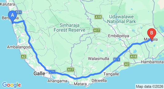Driving route map: Aluthgama to Mattala (HRI) Airport (170 km, approx 2 h 13 min private transfer)
