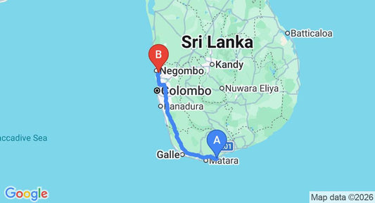 Driving route map: Dikwella to Colombo Airport (CMB) (197 km, approx 2 h 44 min private transfer)