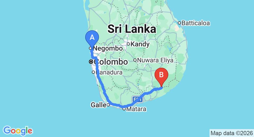 Driving route map: Colombo Airport (CMB) to Jayasinghe Holiday Resort, Kataragama (282 km, approx 3 h 43 min private transfer)