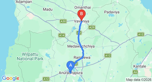 Driving route map: Anuradhapura to Vavuniya (58 km, approx 1 h 12 min private transfer)