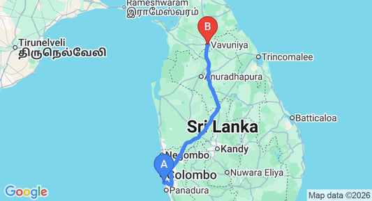 Driving route map: Ratmalana (RML) Airport to Vavuniya (280 km, approx 5 h 42 min private transfer)