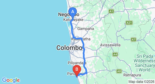 Driving route map: Colombo Airport (CMB) to River View Hotel, Wadduwa (77 km, approx 1 h 24 min private transfer)