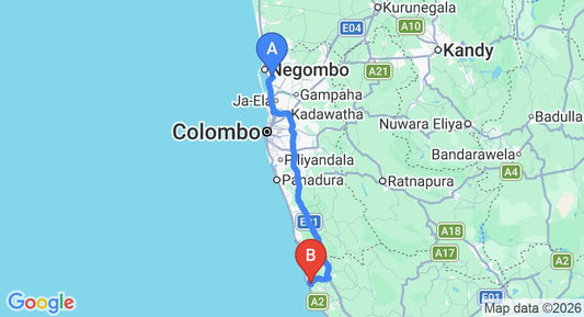Driving route map: Colombo Airport (CMB) to Piya Nivasa Guesthouse, Ambalangoda (130 km, approx 1 h 59 min private transfer)