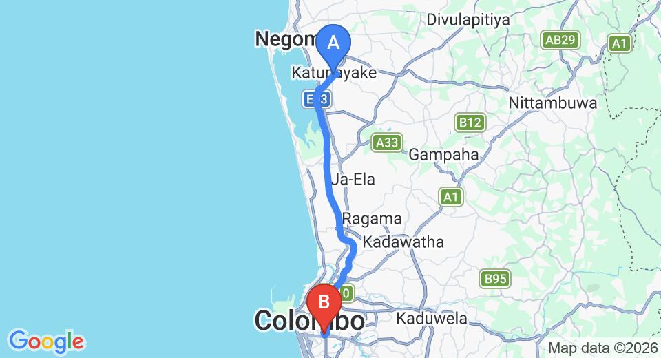 Driving route map: Colombo Airport (CMB) to Colombo 7 (33 km, approx 42 min private transfer)