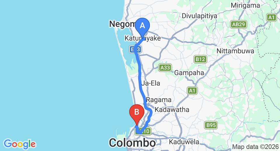 Driving route map: Colombo Airport (CMB) to Mutwal (32 km, approx 38 min private transfer)