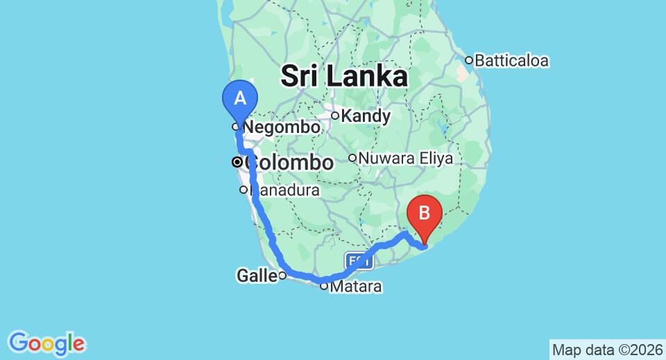 Driving route map: Colombo Airport (CMB) to Hide Yala, Yala (286 km, approx 3 h 56 min private transfer)