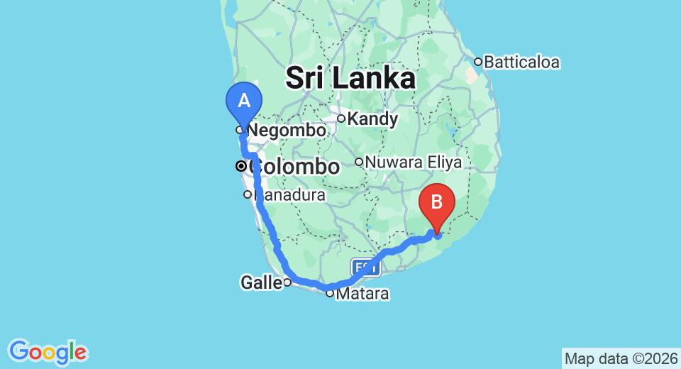 Driving route map: Colombo Airport (CMB) to Ceylon Wild Safaris, Kataragama (294 km, approx 4 h 3 min private transfer)