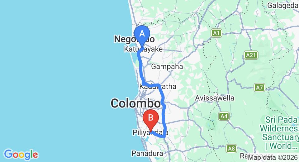 Driving route map: Colombo Airport (CMB) to Java Moon, Piliyandala (63 km, approx 1 h 6 min private transfer)