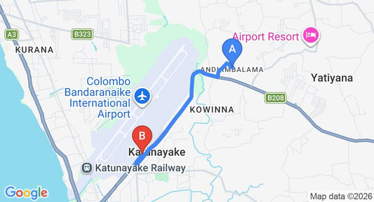 Driving route map: Andiambalama to Colombo Airport (CMB) (4 km, approx 10 min private transfer)