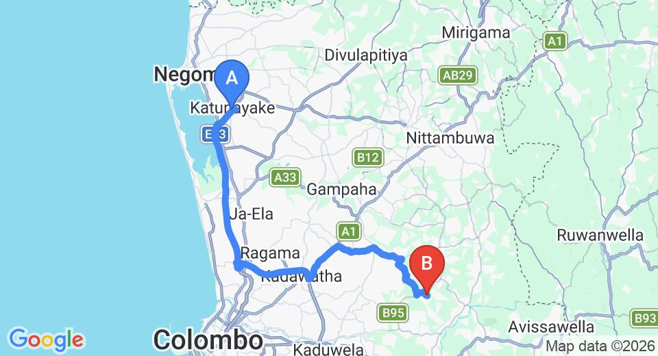 Driving route map: Colombo Airport (CMB) to Wanaluwawa (50 km, approx 1 h 7 min private transfer)