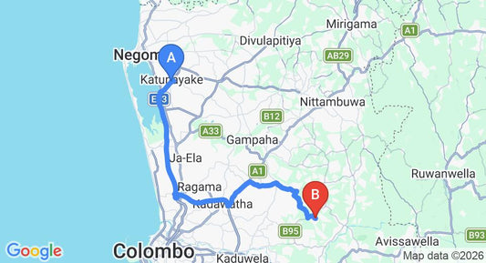 Driving route map: Colombo Airport (CMB) to Wanaluwawa (50 km, approx 1 h 7 min private transfer)