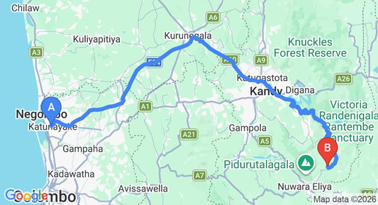 Driving route map: Colombo Airport (CMB) to Scottish Planter-Glendevon Bungalow, Nuwara Eliya (187 km, approx 5 h 3 min private transfer)