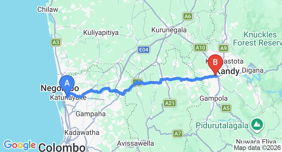 Driving route map: Colombo Airport (CMB) to Urban Residence, Kandy (96 km, approx 2 h 49 min private transfer)
