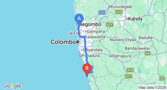 Driving route map: Colombo Airport (CMB) to Oasey Hotel And Resturant, Induruwa (112 km, approx 1 h 46 min private transfer)