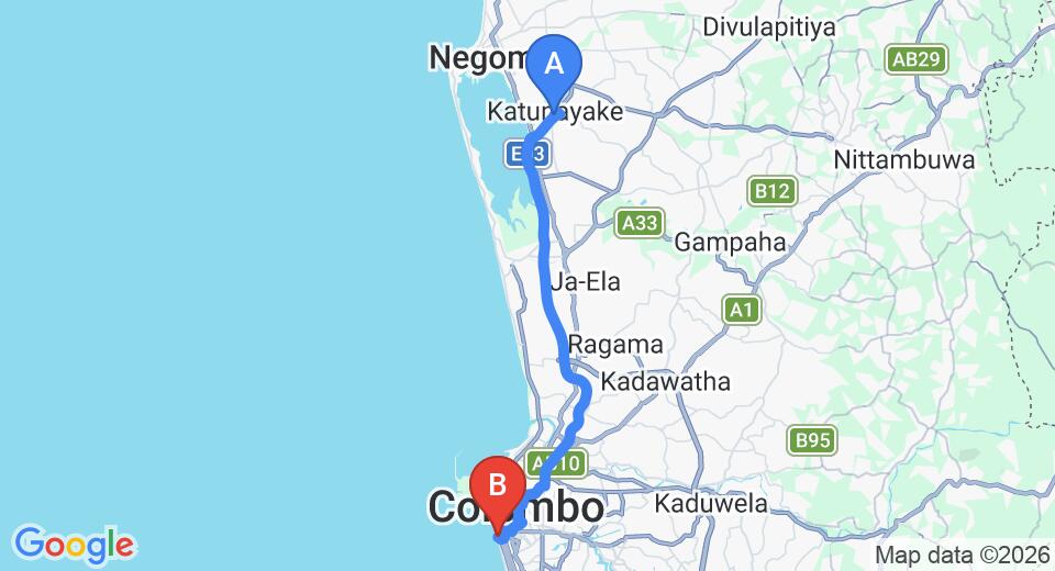 Driving route map: Colombo Airport (CMB) to The Ocean Front, Colombo (36 km, approx 50 min private transfer)