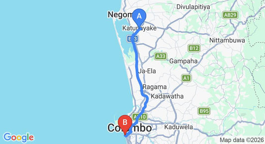 Driving route map: Colombo Airport (CMB) to The Ocean Front, Colombo (36 km, approx 50 min private transfer)
