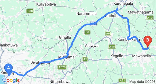 Driving route map: Colombo Airport (CMB) to Ihala kotte (102 km, approx 2 h 26 min private transfer)