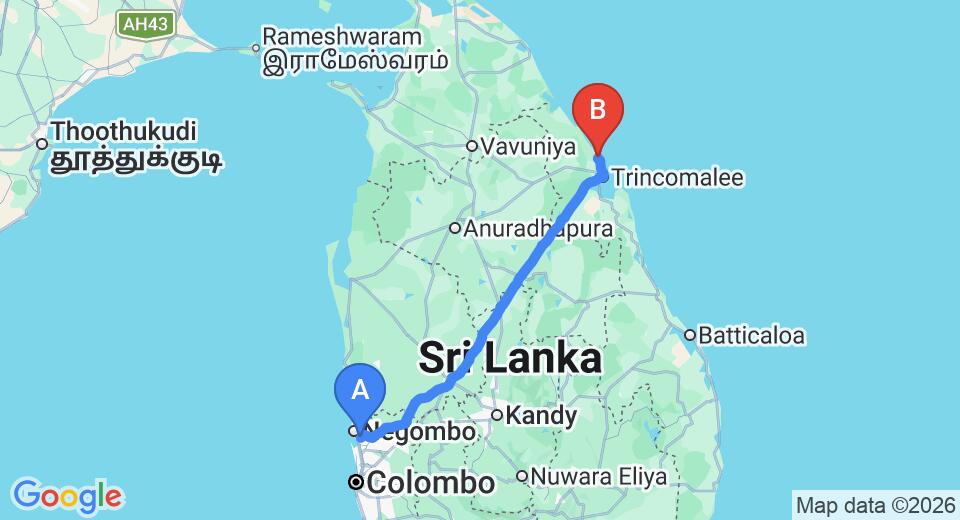 Driving route map: Colombo Airport (CMB) to Nilaveli (248 km, approx 5 h 5 min private transfer)