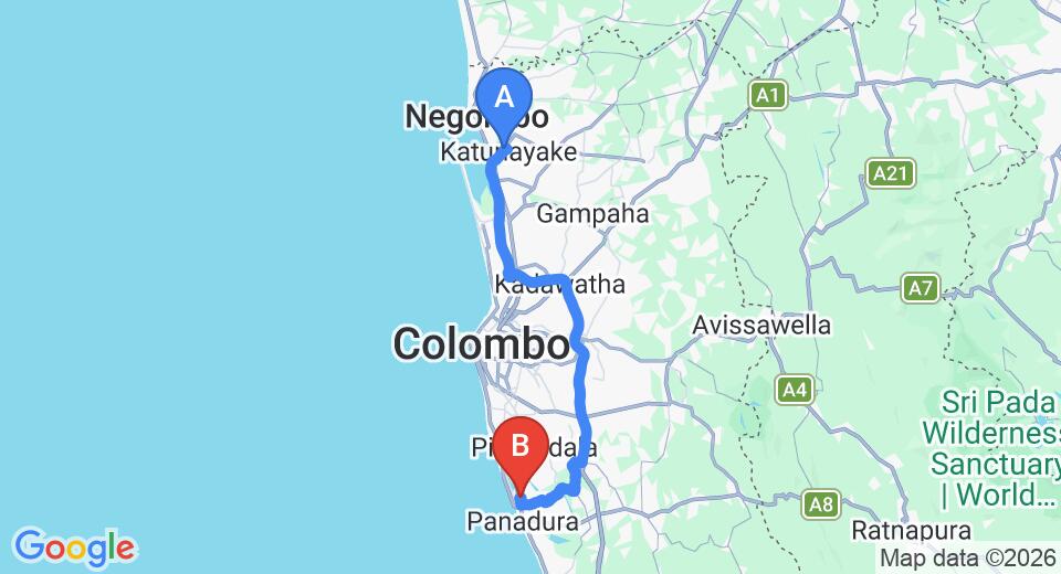 Driving route map: Colombo Airport (CMB) to Ankinda Luxurious Villa, Panadura (71 km, approx 1 h 22 min private transfer)