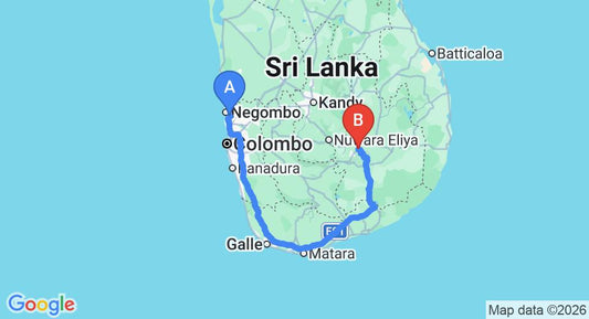 Driving route map: Colombo Airport (CMB) to Aloft Grand Hotel, Ella (338 km, approx 5 h 2 min private transfer)