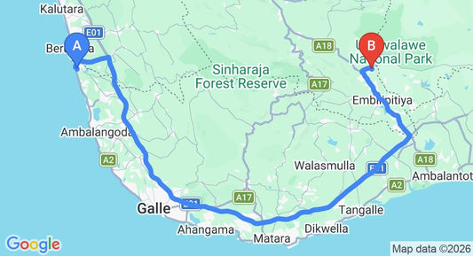 Driving route map: Bentota to Udawalawe (178 km, approx 2 h 42 min private transfer)