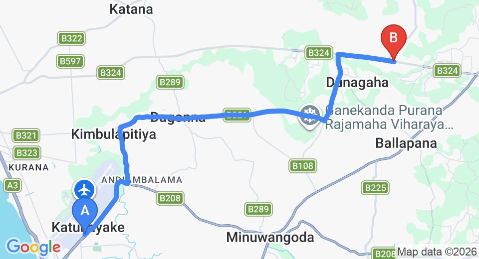 Driving route map: Colombo Airport (CMB) to Marandagahamula (18 km, approx 32 min private transfer)