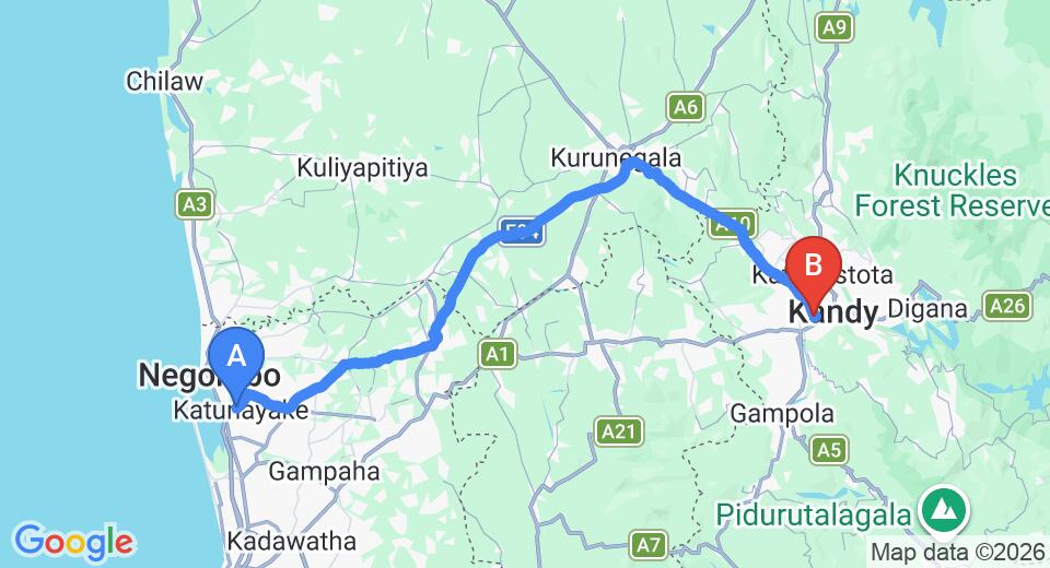Driving route map: Colombo Airport (CMB) to Earls Regency, Kandy (110 km, approx 2 h 41 min private transfer)