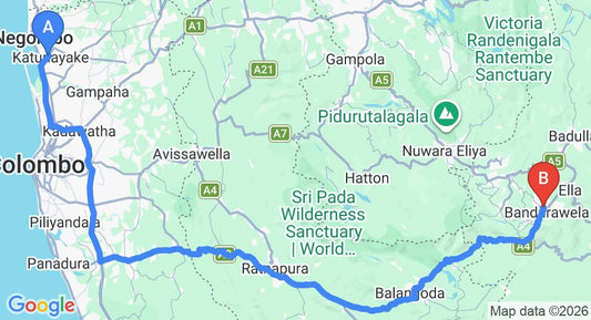Driving route map: Colombo Airport (CMB) to Diyaluma Falls Inn, Bandarawela (219 km, approx 5 h 22 min private transfer)