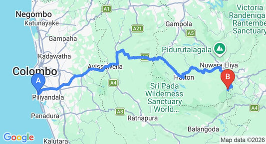 Driving route map: Ratmalana (RML) Airport to Horton Plains (179 km, approx 5 h 53 min private transfer)